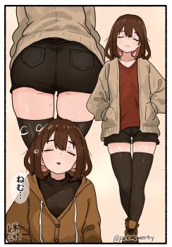 1girl :o artist_name ass black_shirt black_shorts black_thighhighs border breasts brown_cardigan brown_hair brown_jacket brown_shoes buttons cardigan closed_eyes closed_mouth collarbone commentary_request drawstring flying_sweatdrops fuyudori_yukino hair_between_eyes hands_in_pockets highres hood hood_down hooded_jacket jacket long_sleeves medium_hair mole multiple_views open_cardigan open_clothes original pocket raised_eyebrows red_shirt shirt shoelaces shoes short_shorts shorts simple_background smile solo speech_bubble standing thighhighs thighs underbutt undershirt yellow_background zettai_ryouiki