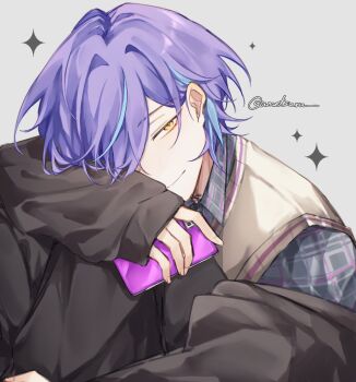 Rule 34 | 1boy, blue hair, cellphone, closed mouth, collared shirt, commentary, grey background, highres, holding, holding phone, kamishiro rui, layered clothes, long sleeves, male focus, multicolored hair, official alternate costume, one eye covered, phone, plaid clothes, plaid shirt, project sekai, purple hair, shirt, short hair, simple background, smartphone, smile, solo, streaked hair, twitter username, two-tone hair, umetsuru, yellow eyes, zozotown