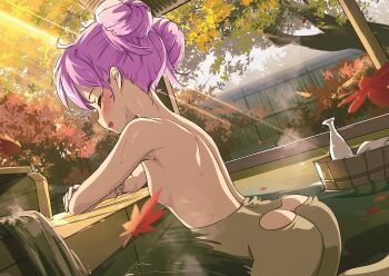 1girl alternate_hairstyle ass autumn_leaves bad_id bad_twitter_id bathing blush bottle breasts bucket censored censored_nipples closed_eyes commentary_request completely_nude convenient_censoring cowboy_shot day double_bun female_focus from_side hair_bun hair_up hiiragi_kagami ichimi_renge leaf leaf_censor light_rays lucky_star nude onsen outdoors parted_lips partially_submerged pink_hair profile second-party_source small_breasts solo steam tree unfinished water