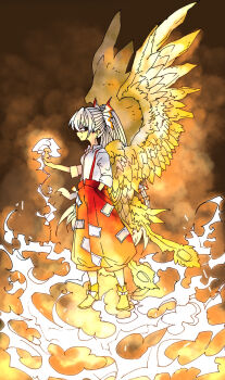 1girl absurdres boots bow closed_mouth commentary_request doggo_1d34 feathered_wings fiery_tail fiery_wings fire fujiwara_no_mokou full_body grey_hair hair_bow hand_in_pocket highres long_hair looking_at_viewer ofuda ofuda_on_clothes one-hour_drawing_challenge pants pyrokinesis red_eyes red_pants shirt sleeves_rolled_up solo suspenders tail touhou very_long_hair white_shirt wings