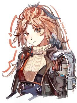 1girl aran_sweater arknights backpack bag black_jacket blush cable_knit character_name commentary_request feather_hair grey_eyes highres jacket long_hair looking_at_viewer mole mole_under_eye open_clothes open_jacket orange_hair orange_pupils pinecone_(arknights) simple_background skirt solo suspender_skirt suspenders sweater sweater_tucked_in turtleneck upper_body user_tfzj8422 white_background white_bag yellow_sweater