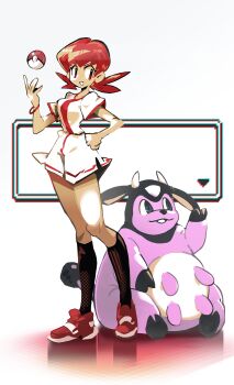 1girl absurdres black_socks blue_eyes breasts derivative_work gen_2_pokemon hand_on_own_hip highres kneehighs miltank nintendo poke_ball poke_ball_(basic) pokemon pokemon_(creature) pokemon_gsc red_eyes red_hair shakeeeeeeeee shirt shoes short_sleeves shorts simple_background socks sprite_redraw standing twintails udder white_shirt white_shorts whitney_(pokemon)