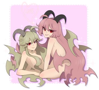 2girls blonde_hair border breasts closed_mouth completely_nude demon_girl demon_horns english_text from_side funamusea gallaxi hair_over_breasts horns large_breasts lil_(funamusea) long_hair looking_at_viewer lying multiple_girls non-web_source nude pink_border pink_hair red_eyes sitting slit_pupils smile source_request sparkle teeth transparent_background very_long_hair