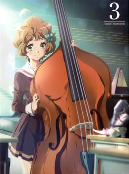 1girl album_cover blonde_hair blush bow brown_shirt brown_skirt chalkboard classroom closed_mouth cover curly_hair double_bass green_bow green_eyes hair_bow hand_up hibike!_euphonium highres holding holding_instrument ikeda_shouko indoors instrument kawashima_sapphire kitauji_high_school_uniform long_sleeves looking_at_viewer metronome neckerchief official_art pleated_skirt polka_dot red_neckerchief sailor_collar school_uniform serafuku shirt short_hair skirt smile solo standing sunlight white_sailor_collar