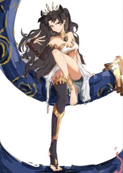 1girl arm_warmers armlet asymmetrical_legwear asymmetrical_sleeves bikini black_hair breasts cleavage closed_mouth commentary_request cpltcc detached_sleeves earrings elbow_gloves fate/grand_order fate_(series) gloves hair_ribbon heavenly_boat_maanna highres hoop_earrings ishtar_(fate) jewelry long_hair long_legs looking_at_viewer mismatched_bikini neck_ring parted_bangs red_eyes ribbon simple_background single_arm_warmer single_detached_sleeve single_elbow_glove single_thighhigh smile solo swimsuit thighhighs tiara two_side_up uneven_legwear uneven_sleeves white_background