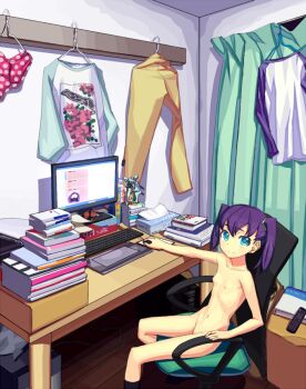1girl 4chan at_computer bad_id bad_pixiv_id bad_source blue_eyes breasts casual_nudity chair computer computer_keyboard eye_contact female_focus flat_chest fondoler fondolger futaba_channel indoors loli long_hair looking_at_another narrow_waist nude nude_in_front_of_computer purple_hair room roomscape short_twintails sitting small_breasts solo twintails uncensored wacom