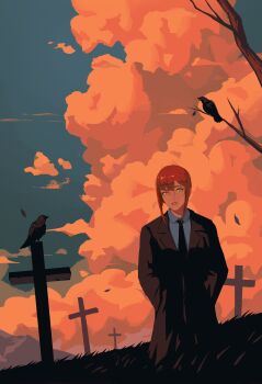 Rule 34 | 1girl, absurdres, bad id, bad twitter id, bare tree, black coat, black necktie, black pants, chainsaw man, cloud, coat, collared shirt, evening, formal clothes, graveyard, hands in pockets, highres, lem, looking at viewer, makima (chainsaw man), medium hair, necktie, pants, red hair, shirt, shirt tucked in, sidelocks, solo, suit, tombstone, tree, white shirt, yellow eyes