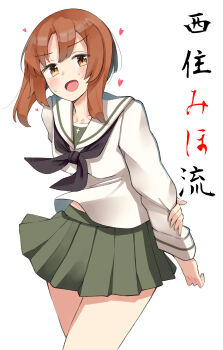1girl absurdres blush commentary_request girls_und_panzer heart highres nishizumi_miho ooarai_school_uniform orange_eyes orange_hair sattinittas school_uniform serafuku solo sweat translated white_background