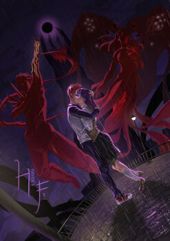 1boy 1girl arm_around_back black_pantyhose black_sleeves brown_shoes brown_sweater_vest brown_vest cobblestone couple eladb_art emiya_shirou fate/grand_order fate_(series) full_body hair_between_eyes hair_ribbon hand_on_another's_head highres homurabara_academy_school_uniform hug loafers long_hair matou_sakura pantyhose purple_hair rain red_hair red_ribbon red_shoes ribbon school_uniform shoes short_hair sneakers socks sweater_vest two-tone_shirt vest wet white_socks