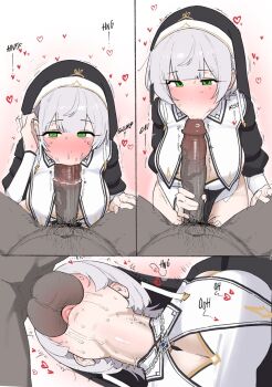 1boy 1girl breasts dark-skinned_male dark_skin deepthroat fellatio fried_bocky from_below green_eyes grey_hair hetero highres hololive interracial kissing_penis large_breasts large_penis licking licking_penis licking_testicle looking_at_penis male_pubic_hair multiple_views nun official_alternate_costume oral penis pov pubic_hair shirogane_noel shirogane_noel_(battle_nun) sword_swallowing_position testicles throat_bulge uncensored virtual_youtuber