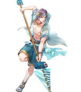 Rule 34 | 1boy, abs, aqua hair, attack, blue swim trunks, crown, fire emblem, fire emblem heroes, highres, holding, holding polearm, holding weapon, hrid (fire emblem), hrid (summer) (fire emblem), jacket, jewelry, male swimwear, muscular, muscular male, necklace, nintendo, non-web source, official art, parted lips, polearm, sandals, solo, swim trunks, weapon
