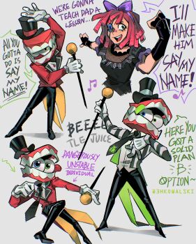 Rule 34 | 1boy, 1girl, 3hkowalski, beetlejuice, betelgeuse (beetlejuice), betelgeuse (beetlejuice) (cosplay), black dress, black gloves, black pants, black shoes, blue eyes, breasts, bug print, caine (the amazing digital circus), cane, colored teeth, cosplay, dancing, dreadlocks, dress, elbow gloves, english text, full body, gloves, green eyes, green teeth, grey necktie, grey tailcoat, hand on own chest, hand up, hat, heterochromia, highres, long sleeves, looking at viewer, looking to the side, lydia deetz, lydia deetz (cosplay), medium breasts, medium hair, multiple views, music, musical note, necktie, pants, pink hair, ragatha (the amazing digital circus), red tailcoat, shirt, shoes, short hair, singing, speech bubble, tailcoat, the amazing digital circus, top hat, twitter username, upper body, vertical-striped tailcoat, white gloves, white shirt, white tailcoat