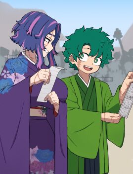 1boy 1girl boku_no_hero_academia breasts bright_pupils commentary dotoyazuki floral_print green_eyes green_hair green_kimono highres japanese_clothes kimono lady_nagant large_breasts male_focus midoriya_izuku multicolored_hair new_year pink_hair purple_eyes purple_hair purple_kimono scar scar_on_face scar_on_hand white_pupils
