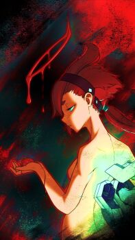 Rule 34 | 1girl, alina ism, aqua eyes, back, black hairband, blood, blood halo, blood on hands, breasts, gundam, gundam aerial slap (meme), gundam suisei no majo, hairband, halo, highres, liquid halo, long hair, looking to the side, low ponytail, medium breasts, meme, nude, ponytail, profile, red hair, suletta mercury, thick eyebrows, tomato