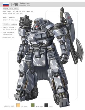 absurdres snow_camouflage axe bayonet camouflage caterpillar_tracks reference_sheet commentary concept_art emblem english_commentary english_text glowing glowing_eye gun gun_on_back head-mounted_gun height highres looking_ahead mecha mecha_focus missile_pod missiles mono-eye no_humans one-eyed open_hands original red_eyes robot russian_flag science_fiction shield shotgun solo waist_cape weapon weapon_on_back weight winch zen_(jirakun)