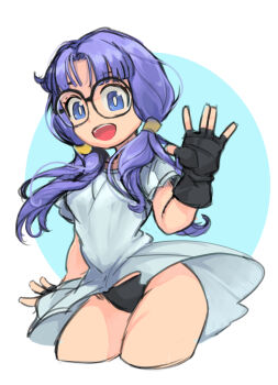 1girl :d absurdres aged_up black_panties blue_eyes commentary_request cosplay creator_connection dr._slump dragon_ball dragonball_z fingerless_gloves glasses gloves highres long_hair looking_at_viewer norimaki_arale okera open_mouth panties purple_hair shirt smile solo twintails underwear videl white_shirt