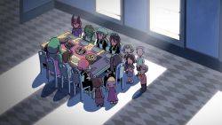 2girls 6+girls animated apron avery_(skullgirls) bloody_marie_(skullgirls) blue_eyes brooch candle chair clapping cupcake cyborg dress closed_eyes flashback food frilled_apron frills grey_hair grin hair_ornament hat indoors jewelry kuroirozuki maid_headdress multiple_girls orange_hair peacock_(skullgirls) pie red_eyes short_hair sitting skull_hair_ornament skullgirls smile smile sound table top_hat twintails video window