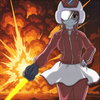 1girl arm_cannon black_eyes blue_skin breasts brown_hair colored_skin explosion hand_on_own_hip helmet jacket large_breasts laser long_sleeves looking_at_viewer pants red_helmet red_jacket red_pants rock short_hair sidelocks skirt smile standing stitches superhero_costume t_jiroo_(ringofriend) track_jacket track_pants track_suit weapon white_skirt yuugiri_(zombie_land_saga) zombie zombie_land_saga