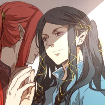 Rule 34 | 2boys, black hair, braid, closed mouth, cousins, elf, fingon, hidden eyes, holding hands, long hair, looking at another, luperce, maedhros, male focus, multiple boys, pointy ears, red hair, shadow, the silmarillion, tolkien's legendarium, upper body, yaoi