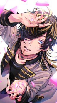 1boy aimono_jyushi black_hair black_nails black_shirt blonde_streaks blue_eyes collarbone crossed_bangs ear_piercing earrings from_above grey_jacket hair_over_one_eye hand_on_own_head hypnosis_mic jacket jewelry lapels long_hair looking_at_viewer male_focus multicolored_hair multiple_rings nishino_(fetv8484) open_mouth piercing raised_eyebrows ring shards shirt two-tone_hair yellow_trim