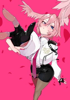 1girl absurdres black_gloves blue_eyes blush breasts ewokakuyorozuya fingerless_gloves gloves hair_between_eyes head_wings highres hololive large_breasts leather leather_vest necktie pink_hair reaching reaching_towards_viewer shirt solo takane_lui takane_lui_(1st_costume) vest virtual_youtuber white_shirt wings zipper