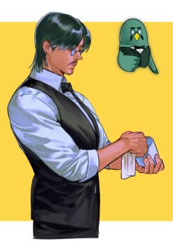 Rule 34 | 1boy, absurdres, animal, animal crossing, arms up, bird, black bow, black bowtie, black pants, black vest, bow, bowtie, brewster (animal crossing), collared shirt, cropped legs, cup, dress shirt, ear piercing, earrings, facial hair, humanoid and humanization, glass, glasses, goatee, green hair, hair between eyes, highres, holding, holding cup, humanization, jewelry, male focus, mustache, nintendo, pants, piercing, pigeon, pince-nez, reference inset, round eyewear, shirt, sleeve cuffs, sleeves rolled up, solo, vest, wash cloth, white shirt, wing collar, zuoshan123