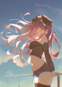 1girl absurdres against_railing alternate_costume annasui_factory azur_lane bare_shoulders black_hat black_shirt black_shorts black_thighhighs blue_sky blush breasts candy casual chromatic_aberration closed_mouth crop_top cutoffs day detached_sleeves food grey_eyes hat highres horns horns_through_headwear jewelry large_breasts lollipop long_hair long_sleeves looking_at_viewer midriff navel necklace noshiro_(azur_lane) outdoors purple_hair railing shirt short_shorts shorts signature sky smile solo sunlight thighhighs very_long_hair