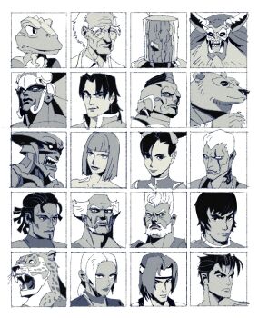 ancient_orge anna_williams bandai_namco bear beard bryan_fury dinosaur doctor_bosconovitch eddy_gordo facial_hair fighting_game forest_law gon_(manga) greyscale highres hwoarang_(tekken) jack_(tekken) jaguar kazama_jin king_(tekken) kuma_(tekken) lei_wulong ling_xiaoyu looking_at_viewer looking_to_the_side mishima_heihachi mokujin_(tekken) monochrome multiple_boys multiple_girls namco nina_williams non-web_source old old_man paul_phoenix tekken tekken_3 true_ogre white_background yoshimitsu_(namco)