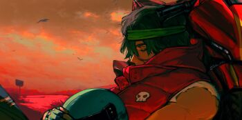 Rule 34 | 1boy, biker (hotline miami), bird, cheek injury, closed eyes, cloud, commentary, english commentary, from side, green hair, green headband, headband, helmet, highres, holding, holding unworn helmet, hood, hood down, hooded jacket, hotline miami, injury, jacket, male focus, motor vehicle, motorcycle, motorcycle helmet, outdoors, pants, parted bangs, red jacket, shirt, short sleeves, sign, sky, sleeveless, sleeveless jacket, solo, staple, tatsu (tatsumccree), torn clothes, torn sleeves, twitter username, unworn headwear, unworn helmet, white shirt