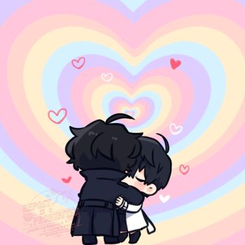2boys black_coat black_hair black_shirt closed_eyes coat collared_shirt commentary double-parted_bangs english_commentary full_body hair_between_eyes heart highres hug kim_dokja kimidori_22 male_focus multiple_boys omniscient_reader&#039;s_viewpoint open_clothes open_coat popped_collar shirt short_hair standing white_coat yaoi yoo_joonghyuk