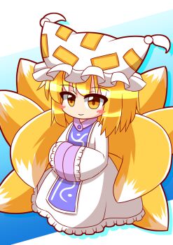 1girl blonde_hair chibi chibi_only damiwi fox_girl fox_tail hat highres kitsune kyuubi long_sleeves mob_cap multiple_tails short_hair solo tail touhou yakumo_ran yellow_eyes