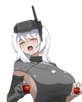 1girl absurdres blush breasts closed_eyes commentary_request food fruit goddess_of_victory:_nikke grey_vest hair_between_eyes highres holding holding_food holding_fruit large_breasts long_hair mechanical_arms open_mouth saliva sideboob sidelocks simple_background single_mechanical_arm snow_white_(nikke) solo standing strawberry teeth upper_body upper_teeth_only vest white_background white_hair yakii_(yak11)