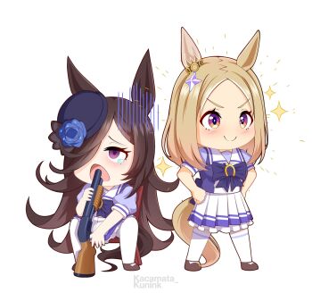 2girls animal_ears artist_name blonde_hair blush bow bowtie brown_hair chibi chibi_only closed_mouth commentary commentary_typo ear_ornament english_commentary forehead full_body furrowed_brow gun gun_fellatio_(shingeki_no_kyojin) gun_to_mouth hair_over_one_eye hat highres horse_ears horse_girl horse_tail kacamata_kunink long_hair medium_hair multiple_girls narita_top_road_(umamusume) one_eye_covered open_mouth pleated_skirt pump_action purple_bow purple_bowtie purple_eyes purple_hat rice_shower_(umamusume) school_uniform short_sleeves shotgun simple_background sitting skirt smile sparkle standing summer_uniform tail thighhighs tilted_headwear tracen_school_uniform umamusume v-shaped_eyebrows weapon white_background white_skirt white_thighhighs
