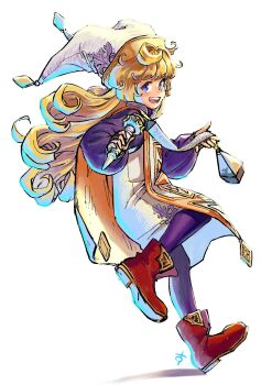 Rule 34 | 1girl, blonde hair, blue eyes, boots, charlotte (seiken densetsu 3), commentary request, curly hair, full body, gold trim, hat, highres, holding, holding scepter, jester cap, leggings, long hair, open mouth, purple leggings, purple shirt, red boots, scepter, seiken densetsu, seiken densetsu 3, shirt, smile, solo, tabard, taruneko2006, white background, white hat, white tabard