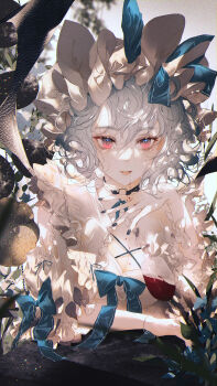 1girl aged_up alcohol alternate_breast_size_(larger) alternate_hair_color arm_rest bat_wings black_choker black_nails blue_bow blue_ribbon blush bow bracelet breasts choker cleavage collarbone commentary_request cup drinking_glass eyelashes frills hair_between_eyes hat hat_ribbon highres holding holding_cup jewelry majamari medium_breasts mob_cap nail_polish o-ring o-ring_choker open_mouth pale_skin puffy_short_sleeves puffy_sleeves red_eyes remilia_scarlet ribbon short_sleeves sleeve_bow solo standing tongue tongue_out touhou vampire white_hair white_hat wine wine_glass wings