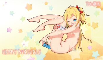 1girl abstract_background absurdres ahoge ass asymmetrical_bangs blonde_hair blue_eyes blush bow breasts completely_nude controller curled_up english_text facial_mark feet female_focus female_masturbation frills from_side hair_between_eyes hair_bow hair_ornament hand_on_own_thigh happy_birthday highres japanese_text knees_up loli masturbation multicolored_background navel nintendo_switch nipples nude one_eye_closed open_mouth original outstretched_arm pointy_ears ponytail red_bow shadow short_ponytail simple_background skull_hair_ornament slit_pupils small_breasts solo star_(symbol) stomach thigh_strap thighs toes triangle triangle_facial_mark wavy_mouth white_background wince yellow_background