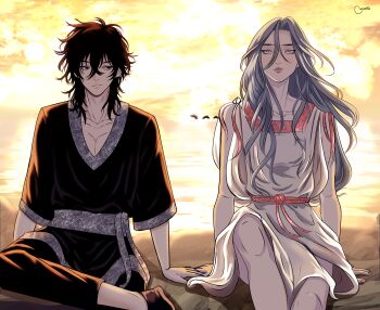 Rule 34 | 1boy, 1girl, absurdres, black eyes, black hair, black robe, catphine, commentary, dress, feet out of frame, figure four sitting, grey eyes, hair between eyes, hetero, highres, holding hands, knee up, long hair, looking at another, messy hair, nephis (shadow slave), outdoors, robe, shadow slave, simple bird, sitting, sunny (shadow slave), white dress, white hair, wind, wind lift