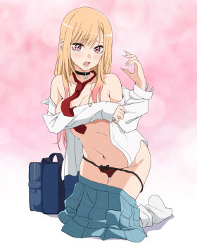 1girl bag barbell_piercing black_choker blonde_hair blue_skirt blush breasts choker cleavage collarbone commentary covering_breasts covering_privates ear_piercing earrings fingernails gradient_hair highres hugimosi industrial_piercing jewelry kitagawa_marin long_fingernails long_hair looking_at_viewer multicolored_hair navel necktie panties piercing pink_background pink_hair pink_nails pleated_skirt red_eyes red_necktie red_panties school_bag shirt skirt solo sono_bisque_doll_wa_koi_wo_suru two-tone_hair underwear white_shirt