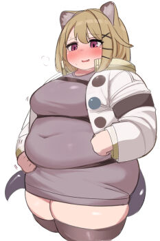 Rule 34 | 1girl, alternate body size, animal ear fluff, animal ears, arknights, blush, breasts, covered navel, cowboy shot, cropped legs, dress, fang, fat, fat woman, grey dress, grey tail, hair between eyes, hair ornament, hairclip, highres, large breasts, light brown hair, long sleeves, medium hair, nimo (b45ui), open clothes, parted lips, sanpaku, simple background, skin fang, solo, sweatdrop, tail, thick arms, thick thighs, thighhighs, thighs, utage (arknights), white background, x hair ornament