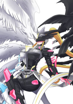 1girl absurdres angel_wings armor asymmetrical_armor asymmetrical_mask asymmetrical_wings black_armor black_helmet blonde_hair boobplate braid breastplate breasts commentary covered_eyes demon_wings digimon digimon_(creature) fang fang_out floating helmet helmet_over_eyes highres large_breasts long_hair mask mastemon mismatched_wings parted_lips side_braid sidelocks simple_background solo split-color_clothes taejaho very_long_hair white_armor white_background white_helmet white_wings winged_helmet wings