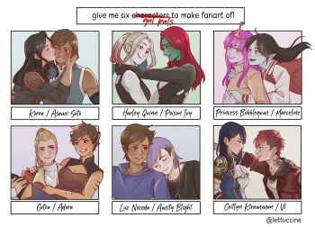 6+girls absurdres adora_(she-ra) adventure_time amity_blight animal_ears arcane:_league_of_legends arcane_caitlyn arcane_vi asami_sato asymmetrical_hair avatar_legends batman_(series) black_hair blonde_hair brown_hair caitlyn_(league_of_legends) carrying cat_ears cat_girl catra colored_skin commentary couple dark-skinned_female dark_skin dc_comics english_commentary facial_tattoo female_focus green_skin grey_skin harley_quinn highres hug hug_from_behind jun_(lettuccine) kabedon korra league_of_legends leaning_on_person licking_lips looking_at_another luz_noceda marceline_abadeer masters_of_the_universe multicolored_hair multiple_drawing_challenge multiple_girls pale_skin pink_hair pointy_ears poison_ivy princess_bonnibel_bubblegum princess_carry purple_hair red_hair she-ra_and_the_princesses_of_power short_hair sidecut six_fanarts_challenge smile striped_fur tattoo the_legend_of_korra the_owl_house tongue tongue_out twintails twitter_username two-tone_hair undercut upper_body very_short_hair vi_(league_of_legends) yuri