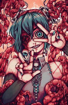 1girl absurdres artist_name blood blood_from_mouth blue_eyes blue_hair blue_nails bone bone_hair_ornament brain brooch crazy_grin crazy_smile dangling_eye exposed_brain hair_ornament hatsune_miku highres intestines jewelry long_sleeves looking_at_viewer nosebleed screw_in_body sharp_teeth shirt skull_brooch skull_ornament sleeveless sleeveless_shirt smile solo stitched_arm stitched_fingers stitched_mouth stitched_neck stitched_sleeves stitches teeth v vocaloid w zombi3guts