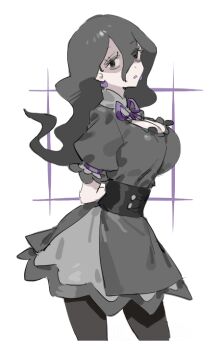 1girl alternate_breast_size_(larger) arms_behind_back bags_under_eyes black_corset black_dress black_eyes black_hair black_pantyhose breasts cleavage corset dress earrings floating_hair hair_between_eyes hex_maniac_(pokemon) hex_maniac_(pokemon_legends:_z-a) jewelry large_breasts long_hair looking_at_viewer nintendo pantyhose parted_lips pokemon pokemon_legends:_z-a puffy_short_sleeves puffy_sleeves raine_(acke2445) shaded_face short_sleeves simple_background solo standing white_background