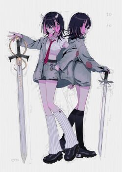2girls alternate_costume alternate_footwear black_hair black_nails black_shoes black_socks blunt_bangs collared_shirt dated demon_horns dual_persona fingernails full_body grey_jacket grey_shorts hand_on_own_hip highres horns jacket licking_lips looking_at_viewer medal medium_hair multicolored_hair multiple_girls myon_(tokipi) nail_polish necktie nira-chan nira-chan_(zanki)_(zutomayo) pink_hair plaid_clothes plaid_necktie purple_eyes red_eyes red_necktie ribbed_socks shirt shoes shorts simple_background socks streaked_hair sword tongue tongue_out two-tone_hair weapon white_background white_horns white_shirt white_socks zanki_(zutomayo) zutto_mayonaka_de_ii_no_ni