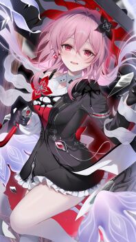 1girl absurdres asymmetrical_dress black_dress black_gloves black_umbrella breasts commentary dress earrings evernight_(honkai:_star_rail) evey_(honkai:_star_rail) flower flower_ornament gloves hair_flower hair_ornament highres holding holding_umbrella honkai:_star_rail honkai_(series) ion_(on01e) jewelry long_hair looking_at_viewer march_7th_(honkai:_star_rail) medium_breasts open_mouth pink_hair red_eyes shirt solo thighs umbrella white_shirt