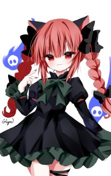 1girl :3 absurdres animal_ears black_bow black_dress bow bowtie braid cat_ears closed_mouth commentary dress fire flaming_skull floating_skull frilled_sleeves frills green_bow green_bowtie hair_bow highres juliet_sleeves kaenbyou_rin long_hair long_sleeves looking_at_viewer nya_(pixiv_100585577) puffy_sleeves red_eyes red_hair red_nails signature simple_background skull slit_pupils smile solo thigh_strap touhou twin_braids white_background
