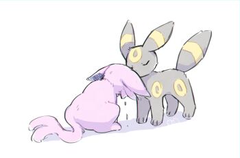 Rule 34 | absurdres, animal focus, black fur, closed eyes, closed mouth, crying, espeon, full body, gen 2 pokemon, highres, looking at another, lovewolf5122, nintendo, no humans, pokemon, pokemon (creature), pokemon focus, purple fur, simple background, sitting, standing, umbreon, white background, yellow fur