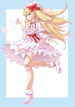 1girl absurdres bare_legs blonde_hair blue_eyes blush bow capelet cherry_blossoms commentary dress ensilumi_(etrf7545) fairy falling_petals floating_hair flower full_body hat hat_bow high_heels highres holding holding_flower lily_white long_hair long_sleeves looking_at_viewer neck_ribbon petals pom_pom_(clothes) profile red_bow red_ribbon ribbon shoes sideways_glance solo standing standing_on_one_leg straight_hair touhou very_long_hair white_background white_capelet white_dress white_hat white_shoes