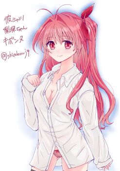 Rule 34 | 1girl, antenna hair, black thighhighs, blush, breasts, chaos;head, cleavage, commentary request, cowboy shot, dress shirt, fingernails, hair ribbon, long hair, long sleeves, looking at viewer, open clothes, open shirt, panties, pink hair, ribbon, sakihata rimi, science adventure, shiodanuki nofuku, shirt, simple background, smile, solo, thighhighs, underwear, white background, white shirt