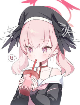 ! !! 1girl :t afterimage bamyamsj black_shirt black_wings blue_archive blush bubble_tea choker closed_mouth collarbone commentary_request cup disposable_cup drinking drinking_straw drinking_straw_in_mouth expressive_wings feathered_wings hair_between_eyes halo hands_up happy head_wings highres holding holding_cup koharu_(blue_archive) korean_commentary medium_hair motion_lines neckerchief pink_eyes pink_hair pink_halo pink_neckerchief red_choker sailor_collar school_uniform serafuku shirt single_bare_shoulder sleeves_past_wrists solo speech_bubble spoken_exclamation_mark twintails upper_body white_sailor_collar wing_flapping winged_halo wings